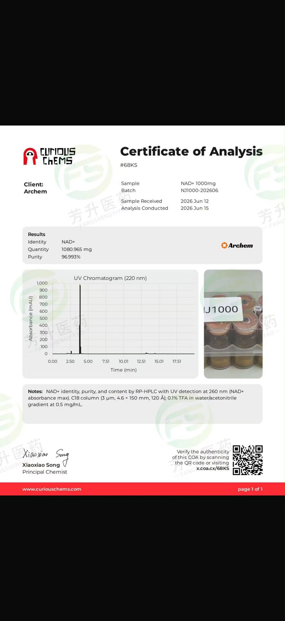 NAD+ 1000mg — Curious Chems certificate document preview