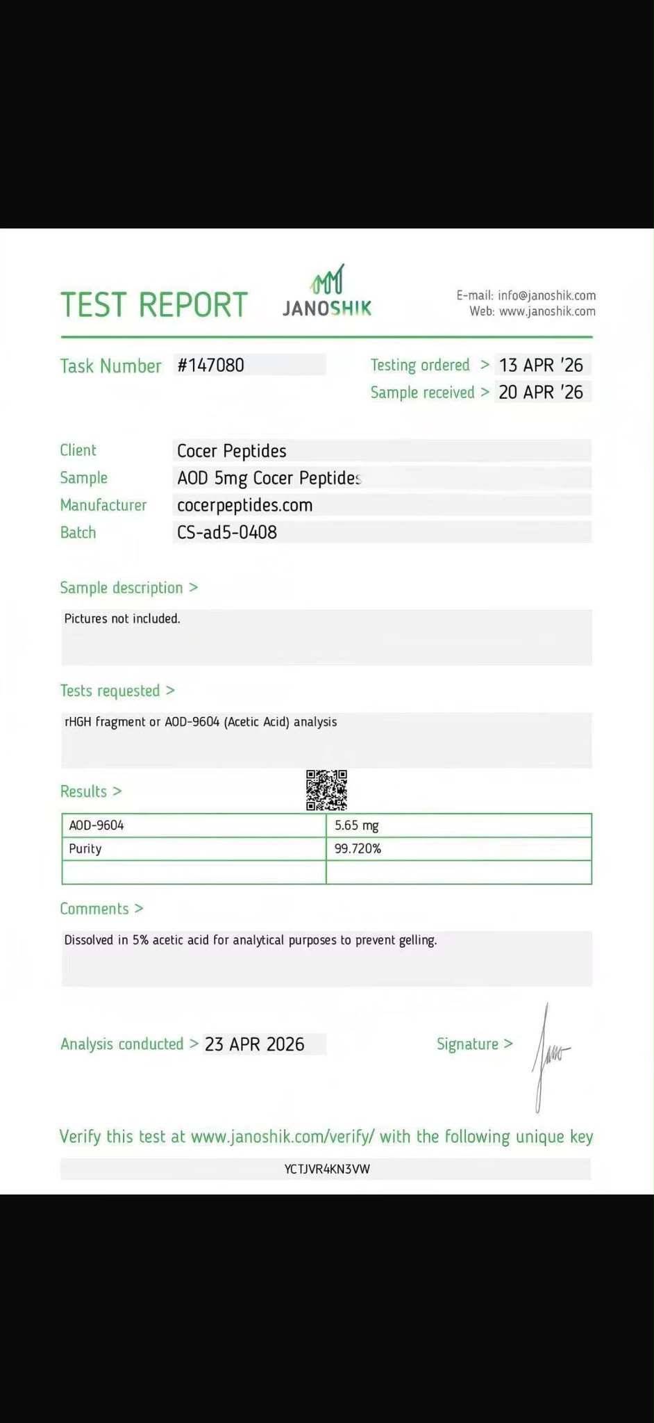 AOD-9604 5mg — Janoshik test report document preview