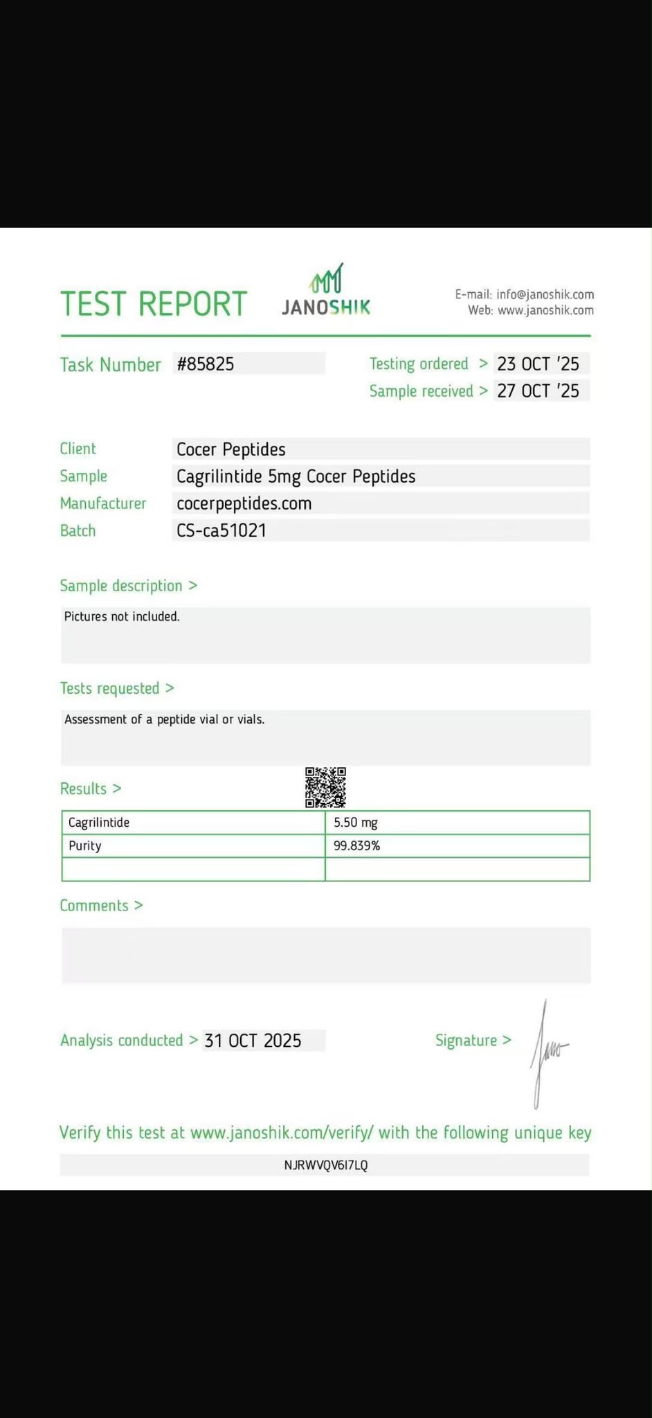 Cagrilintide 5mg — Janoshik test report document preview