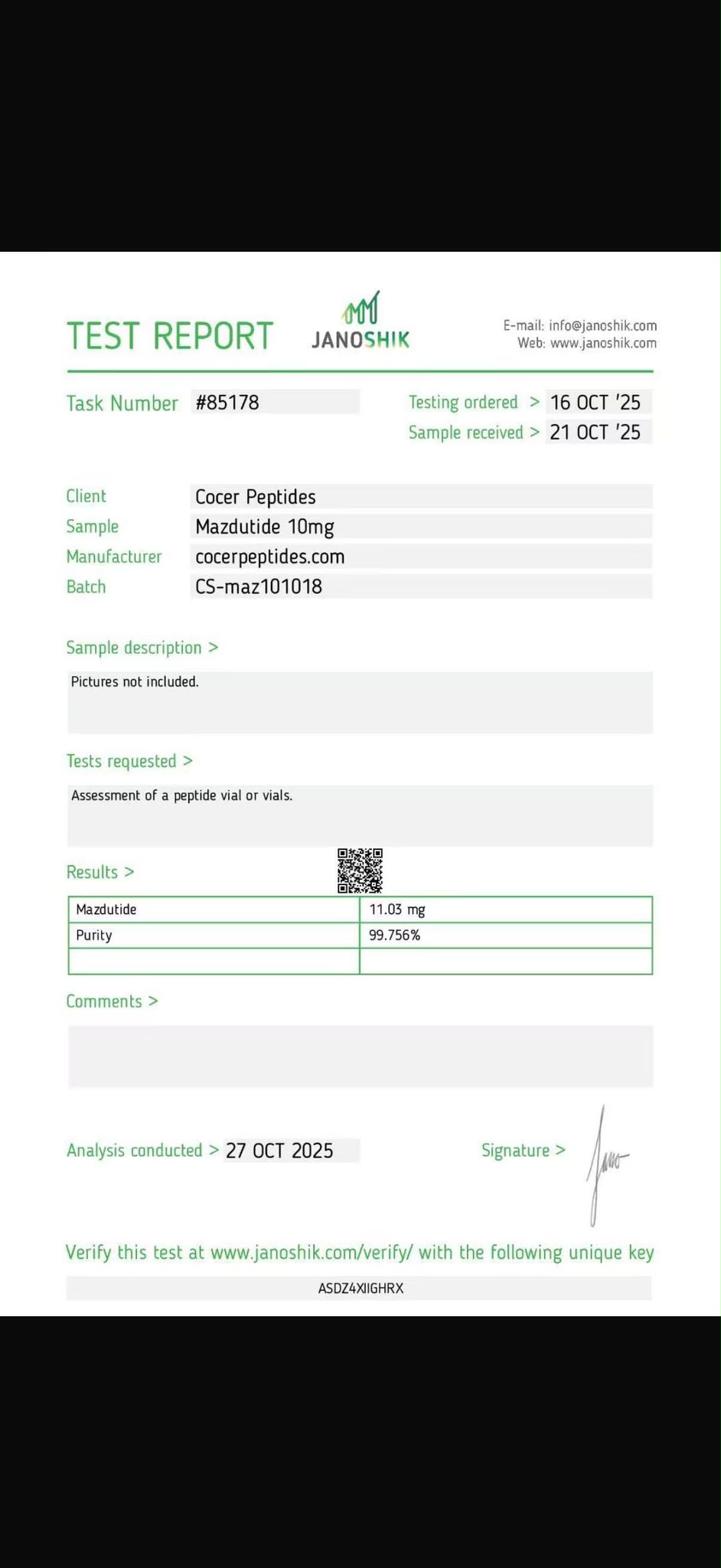 Mazdutide 10mg — Janoshik test report document preview