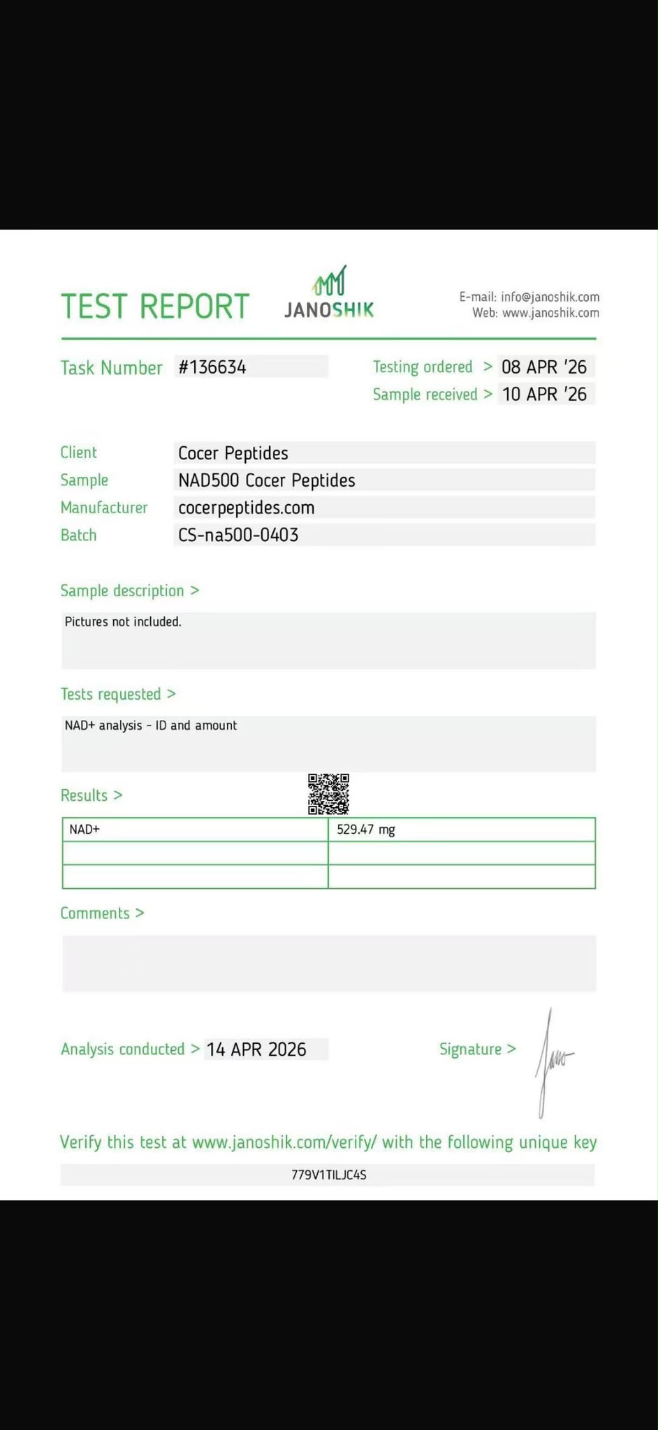 NAD+ 500mg — Janoshik amount test document preview