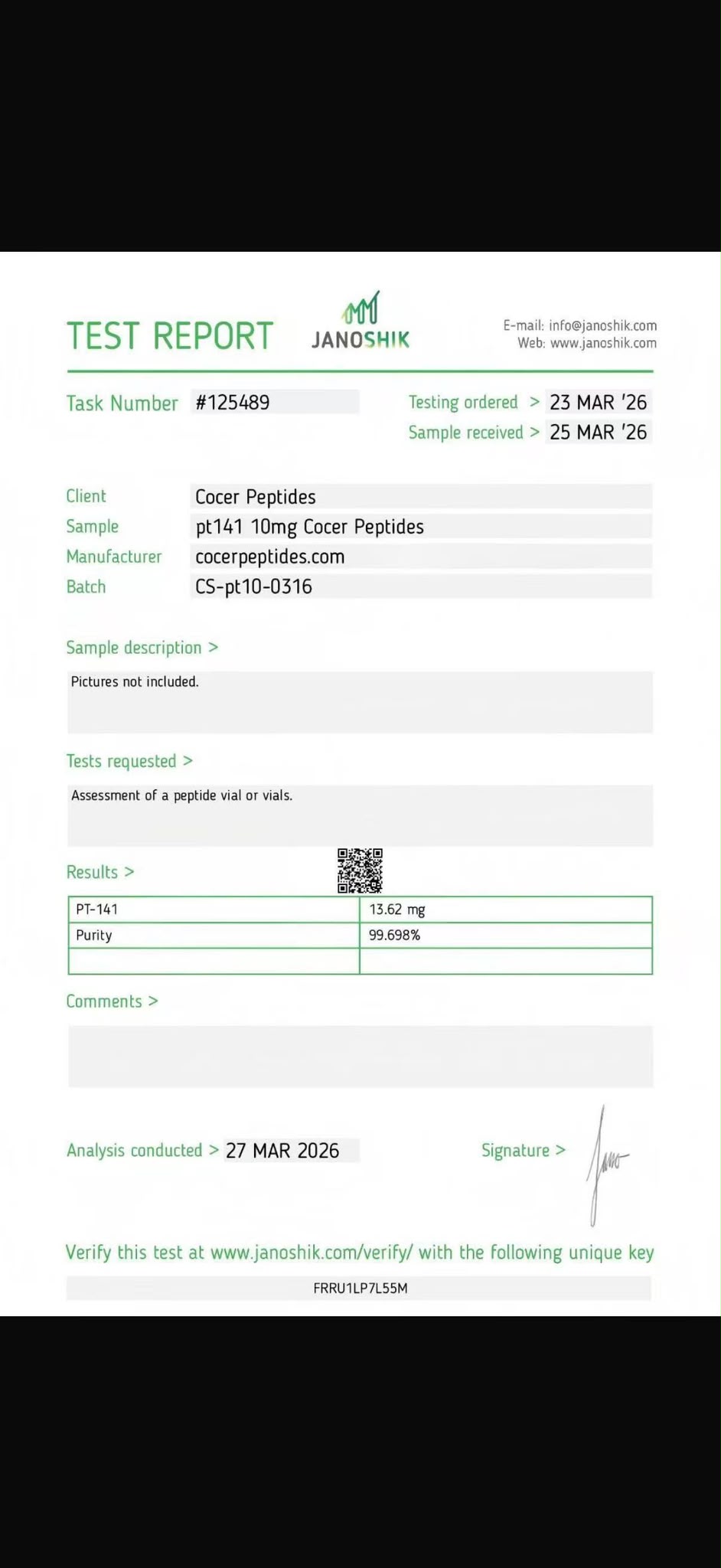 PT-141 10mg — Janoshik test report document preview