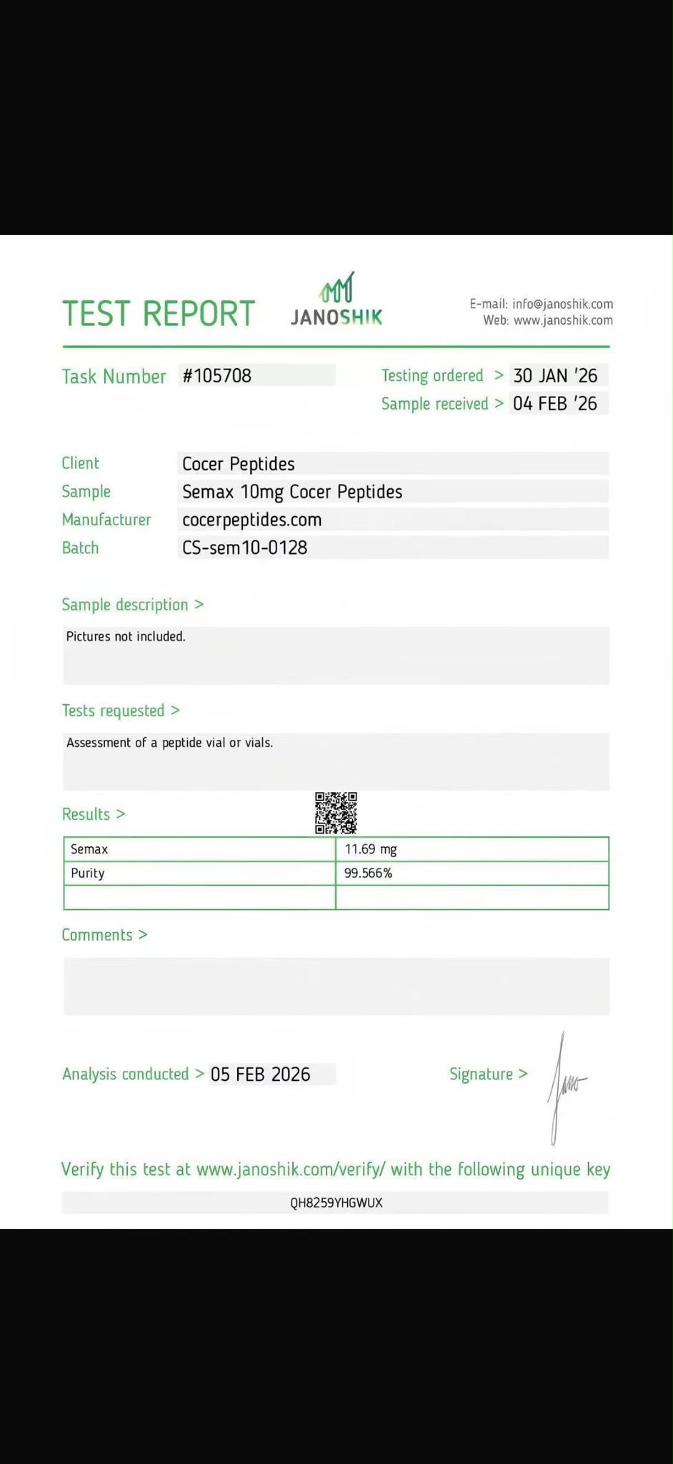 Semax 10mg — Janoshik test report document preview
