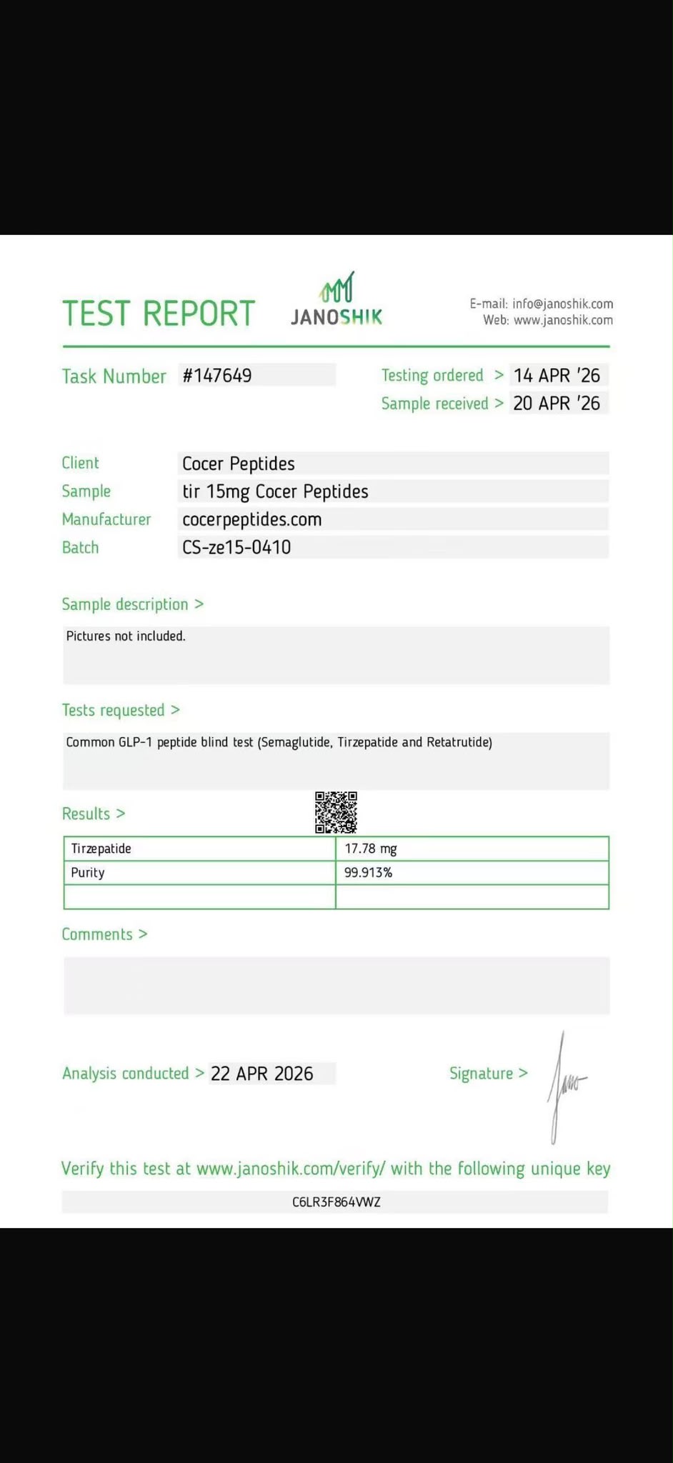 Tirzepatide 15mg — Janoshik test report document preview