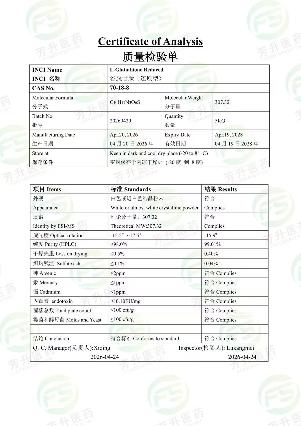 Glutathione — supplier certificate of analysis document preview